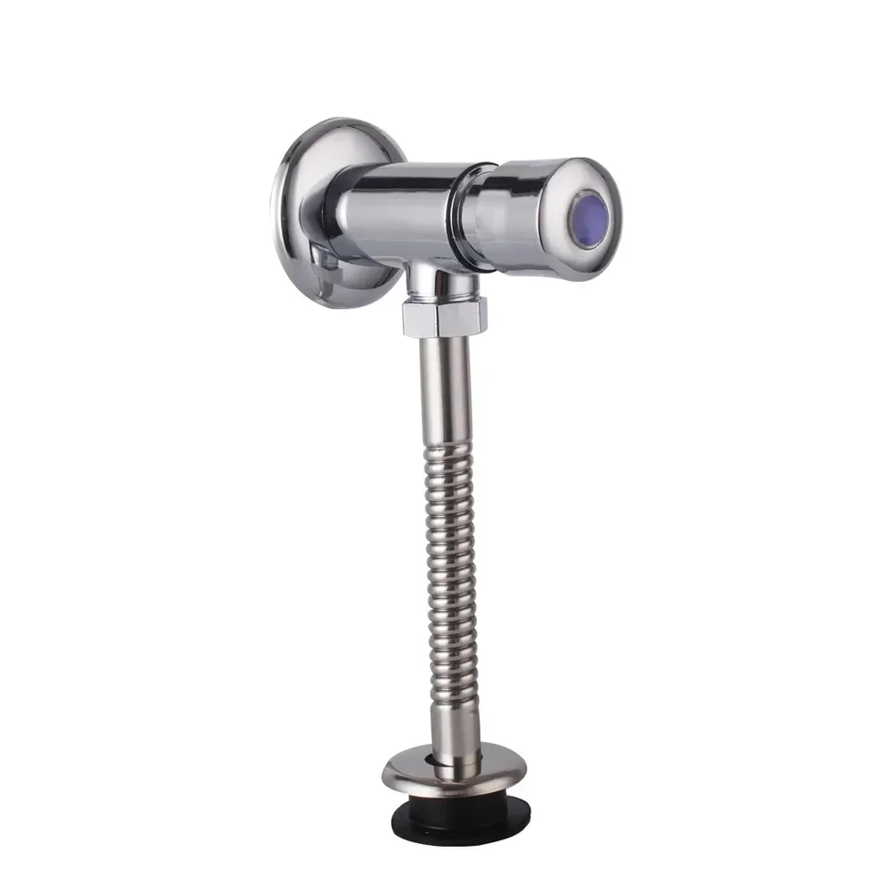 Toilet Valve Flush: Chrome-plated faucet component with flexible hose on white background.