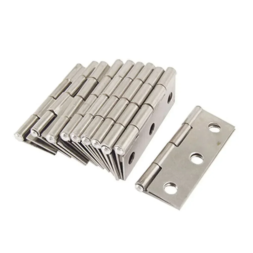 Ten stainless steel flat hinges for cabinet doors, windows, or wooden boxes. Rust-resistant hardware suitable for furniture assembly and repair projects.