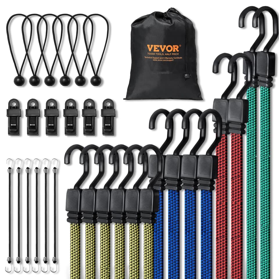 32pc Bungee Cord Ratchet Tie Down Straps | 2m Flat Elasticity | Steel J-Hooks for Cargo - Thumbnail 2