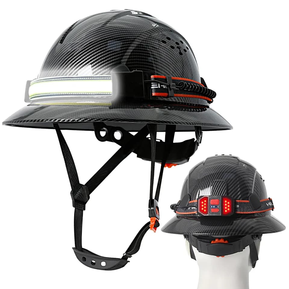 Carbon Fibre Full Brim Hard Hat | Headlamp Included | Anti-Collision Work Safety - Thumbnail 3
