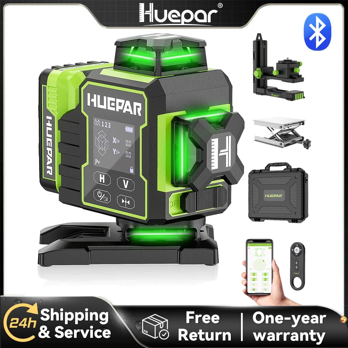 4D 16-Line Green Laser Level | Bluetooth Connectivity & Electric Rotating Base | Large LCD Screen - Thumbnail 2