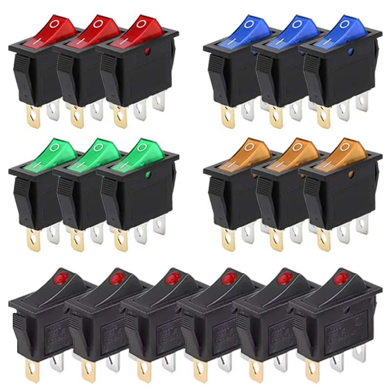 KCD3 rocker switch with red LED light, 8-piece set of boat-shaped ON-OFF toggle switches for electrical equipment power control.