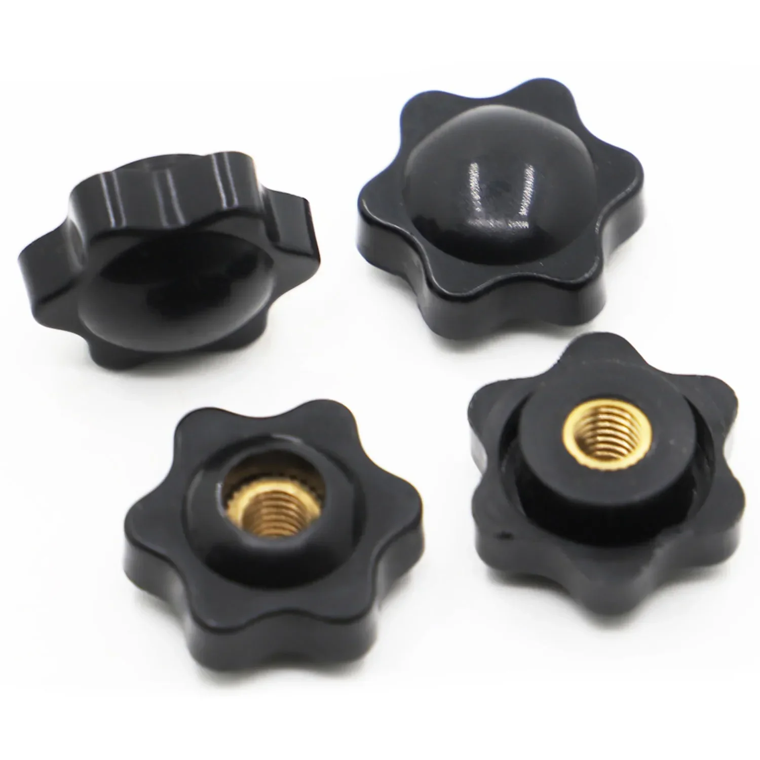 Black bakelite hand-tighten thumb nuts with star-shaped handles in M4-M10 sizes for mechanical clamping and manual adjustment applications.