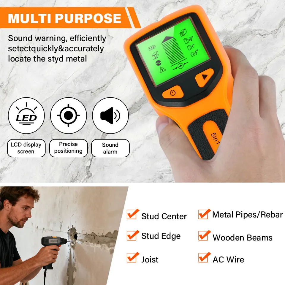 5-in-1 Stud Finder | Backlit Wall Scanner | Wood, AC Wire & Metal Detection - Thumbnail 5