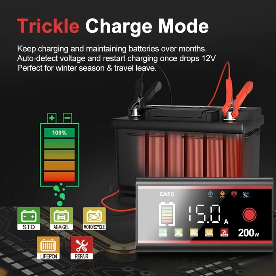 200W/100W Car Battery Charger | 12V 15A Automatic | Lead-Acid LiFePO4 GEL AGM - Thumbnail 3