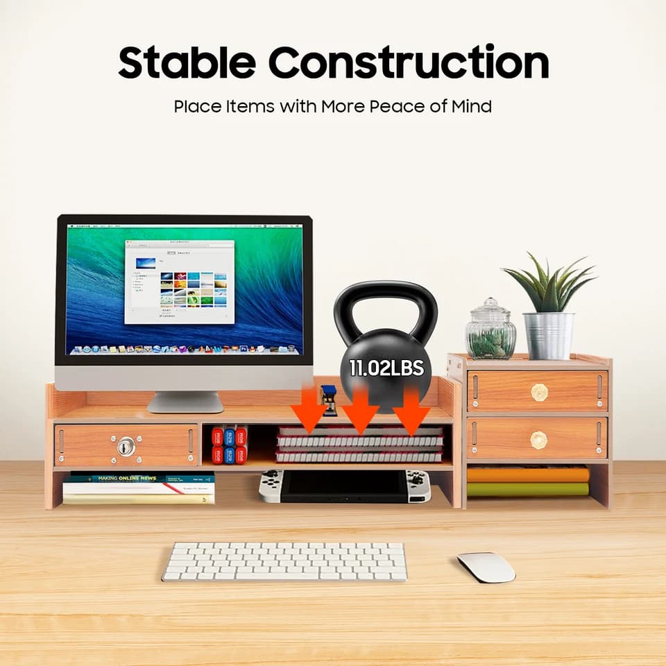 Wood Monitor Stand with Drawers | Desktop Laptop Riser | Phone Holder - Thumbnail 3