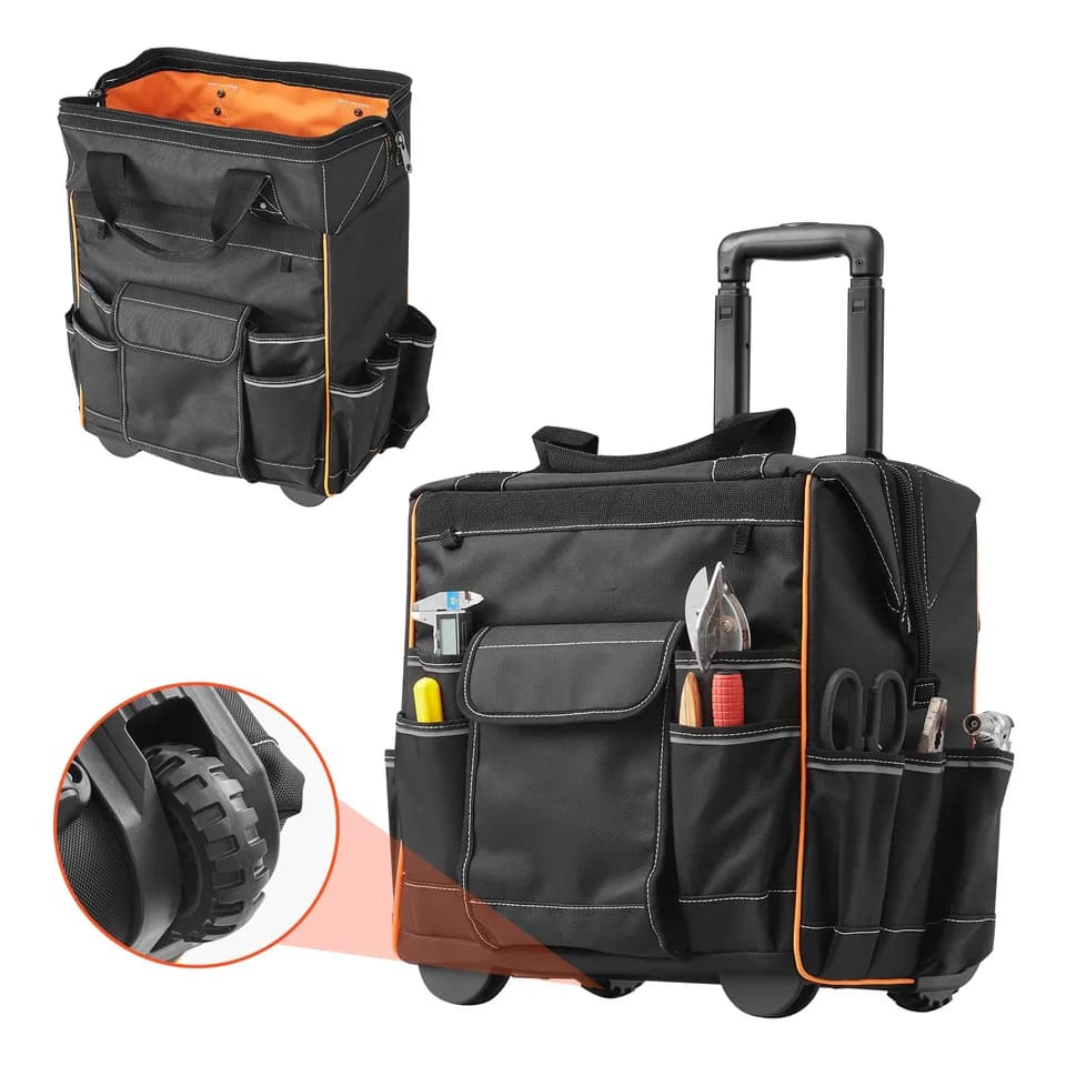 Rolling Tool Bag collage: multiple angles and a close-up of a wheel.