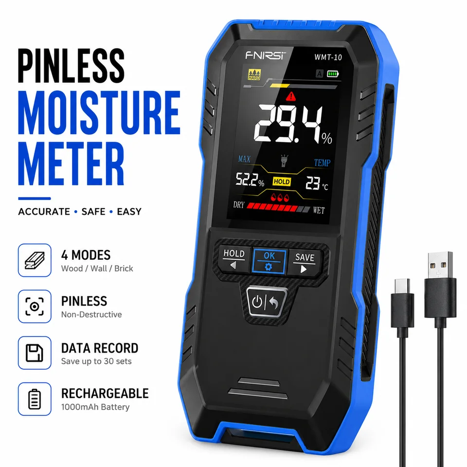 Rechargeable Pinless Wood Moisture Meter WMT-10 | Non-contact Timber Humidity | Built-in Flashlight - Thumbnail 2
