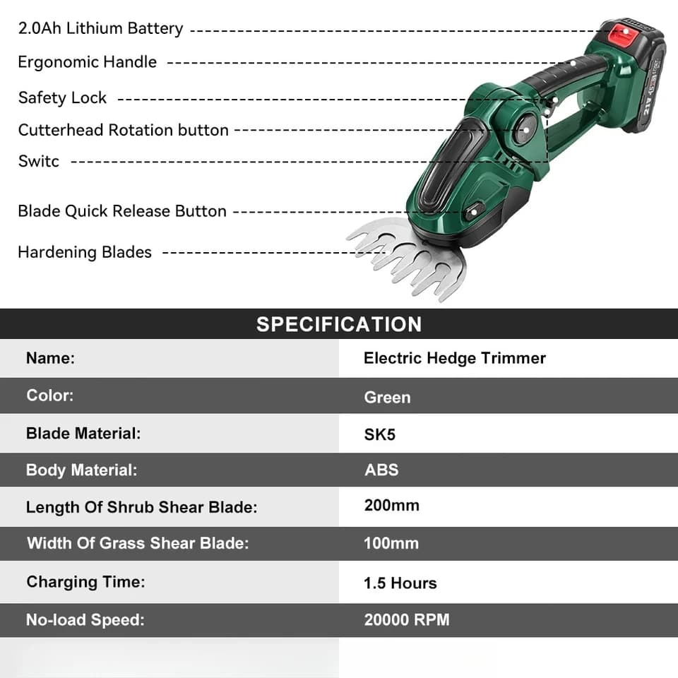 Cordless Hedge Trimmer | 2-in-1 Electric Power Tool | For Makita Battery - Thumbnail 2