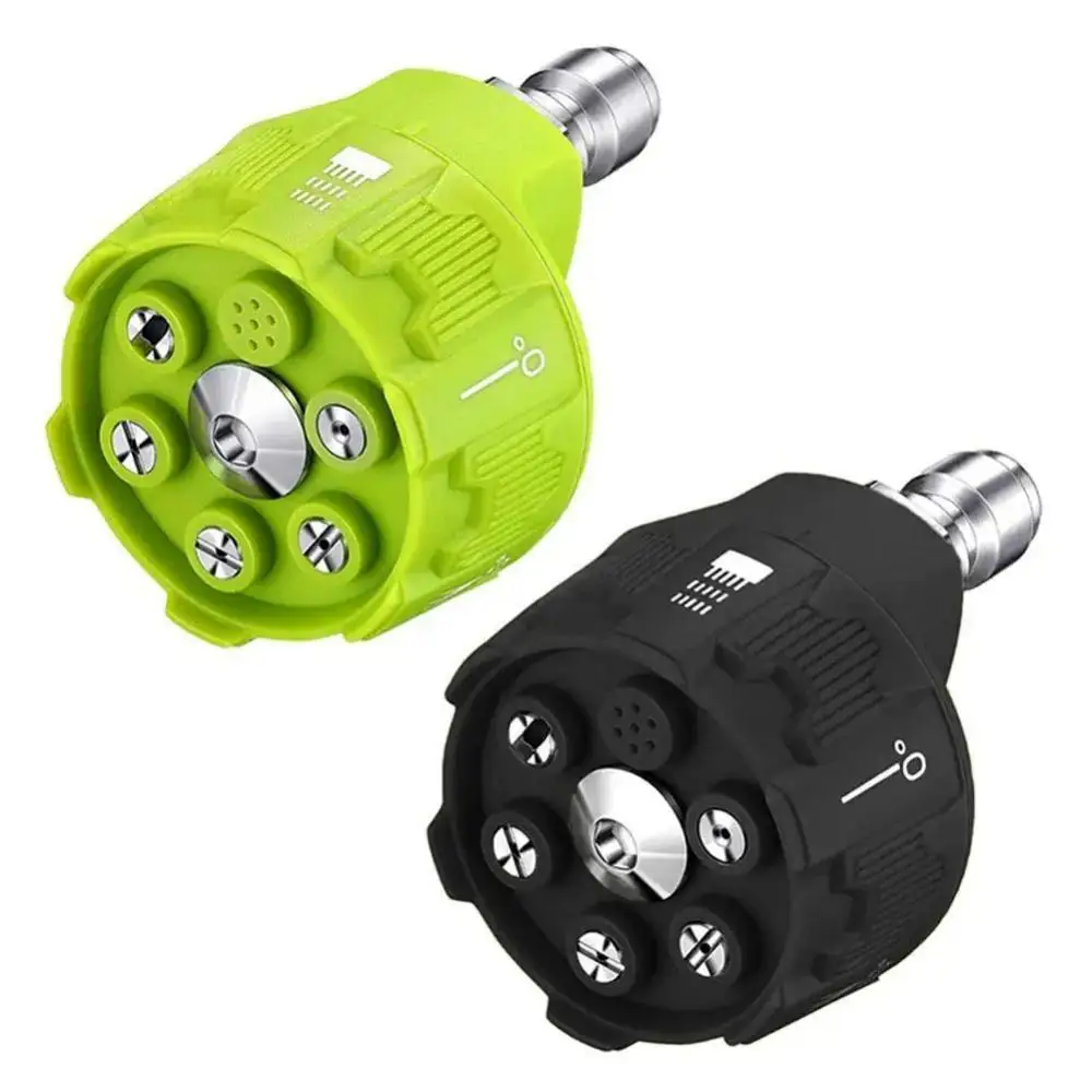6-in-1 power washer nozzle set with quick connector, featuring 0, 15, 25, and 40-degree spray tips plus soap and rinse functions.