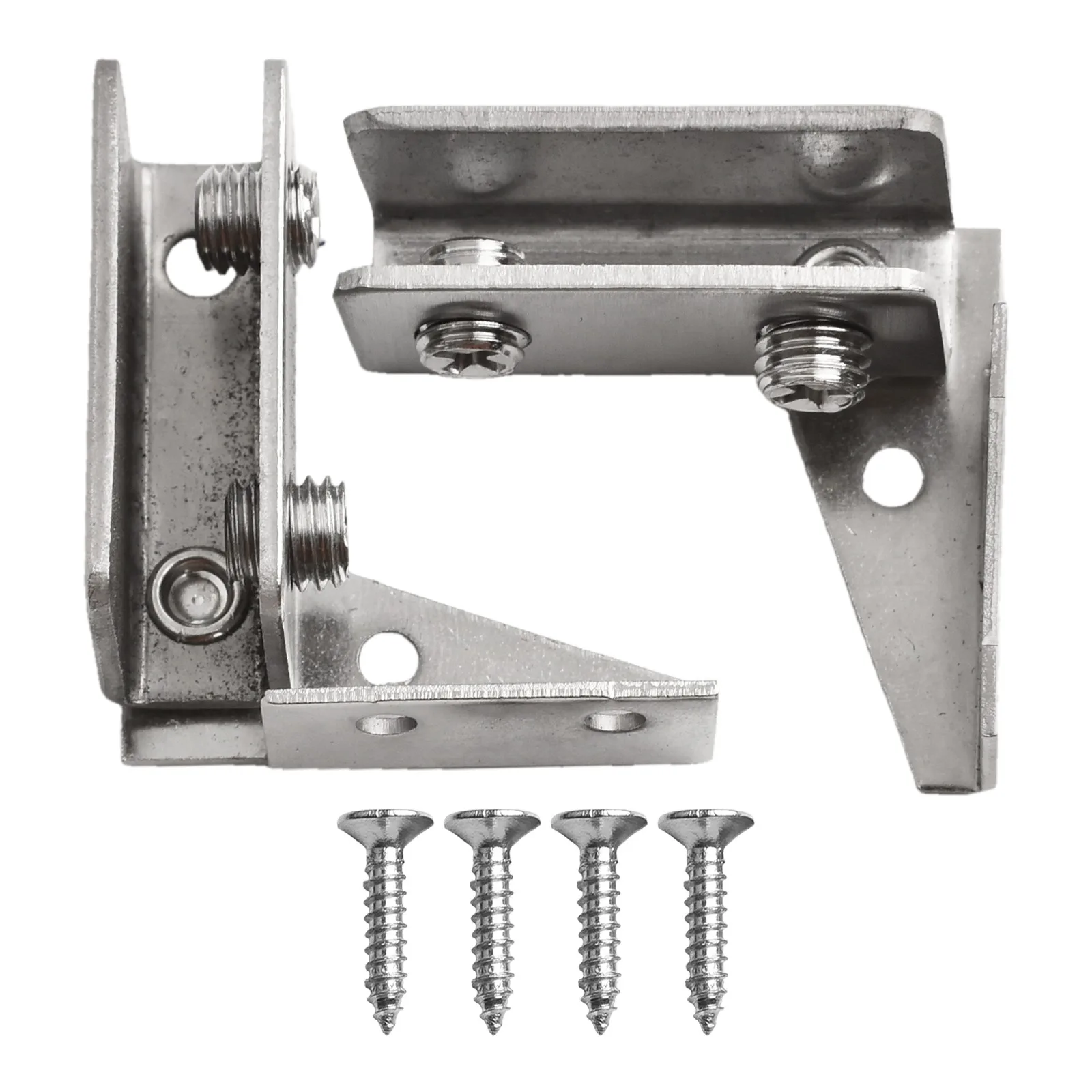 Non-porous glass door hinges with magnetic touch closure, stainless steel construction for display cabinets.