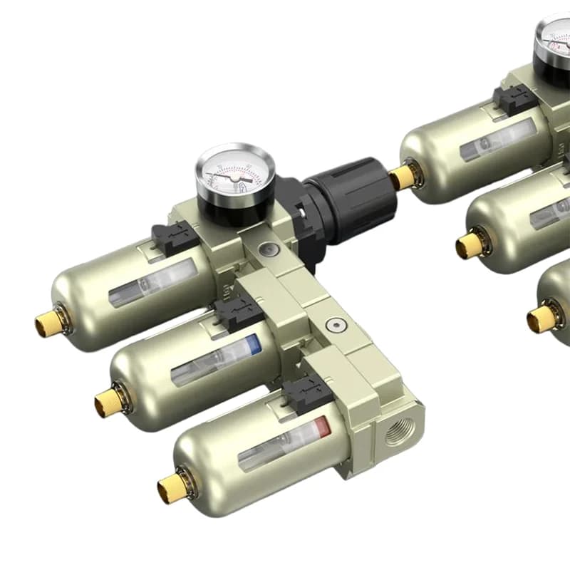 CWFF high-precision compressed air filter and oil-water separator for 1/4 to 3/4 inch lines, featuring a clear bowl and pressure gauge.