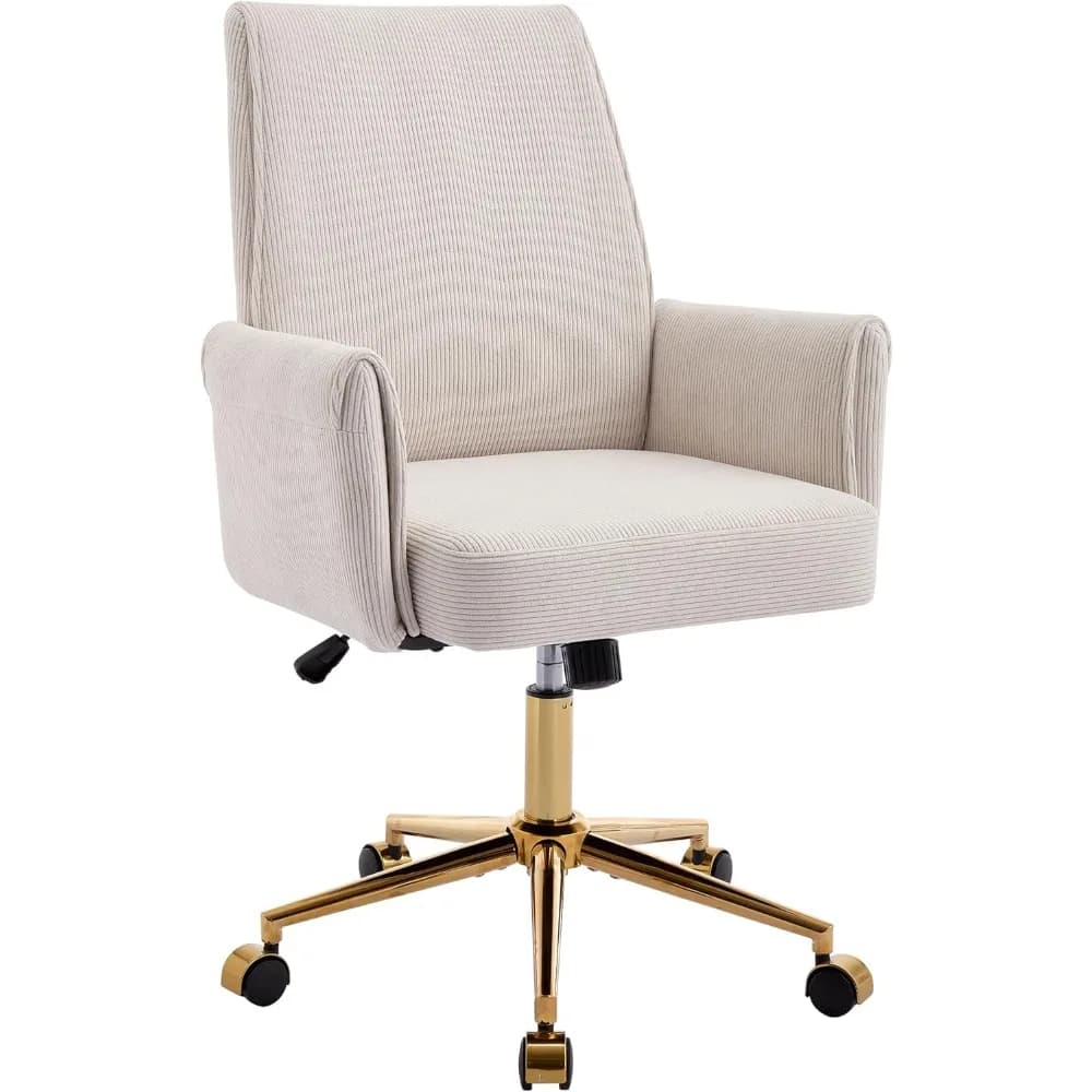 Modern striped velvet office chair with high back ergonomic design, 360° swivel, height adjustment, and a stylish gold-finished base with wheels.