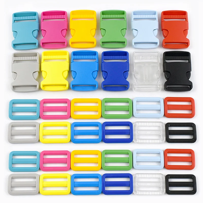 Repair Clasps: colourful side release buckles and sliders on white, showing two fastener types.