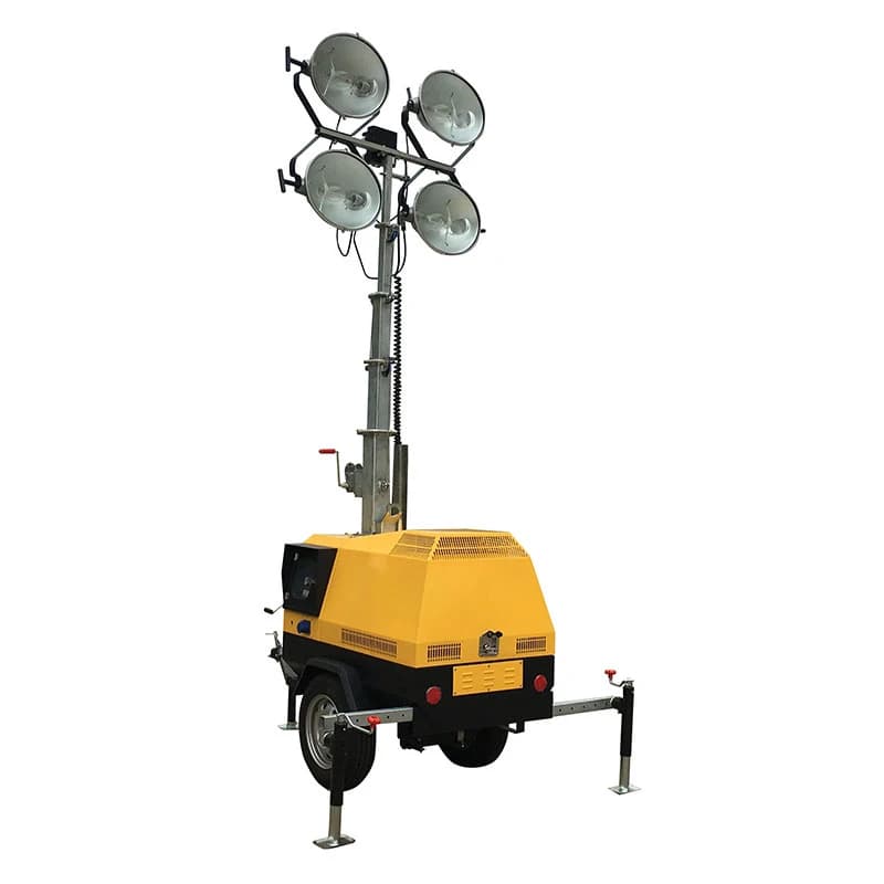 4x350W high luminosity mobile LED light tower with diesel generator, ideal for outdoor event and construction site lighting.
