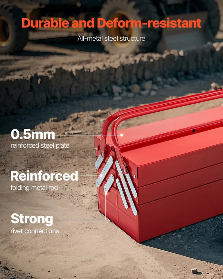 18in Metal Tool Box | 3-Tier Folding Tool Chest | Portable for Workshop & Site - Thumbnail 6