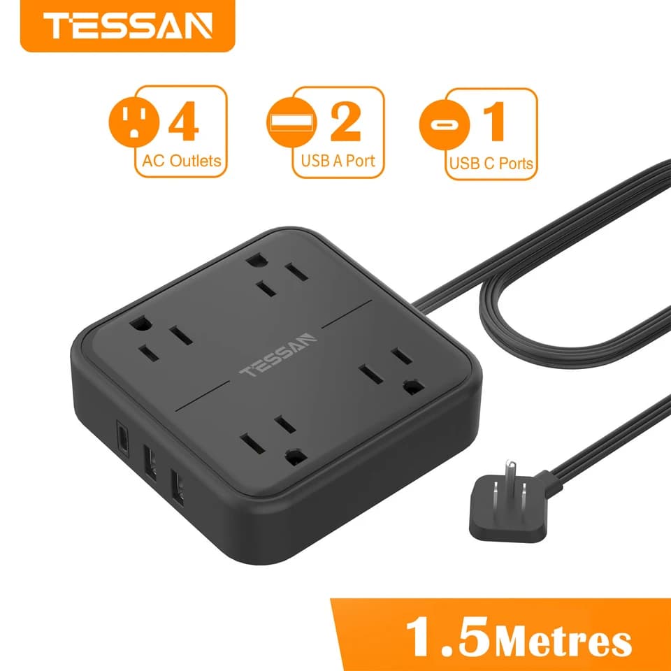 TESSAN Flat Extension Lead | 5ft Cord with USB-C | AC Outlets & Network Filter - Thumbnail 3