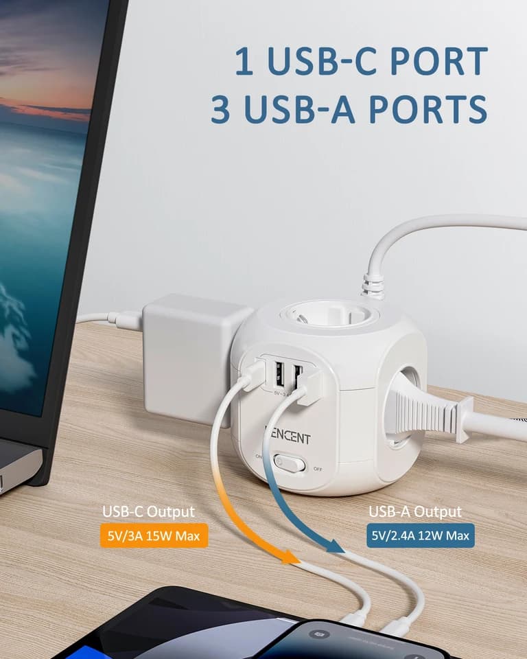 LENCENT Power Cube Extension Lead | 4 AC, 3 USB, Type C | 3M Cable with Switch - Thumbnail 5