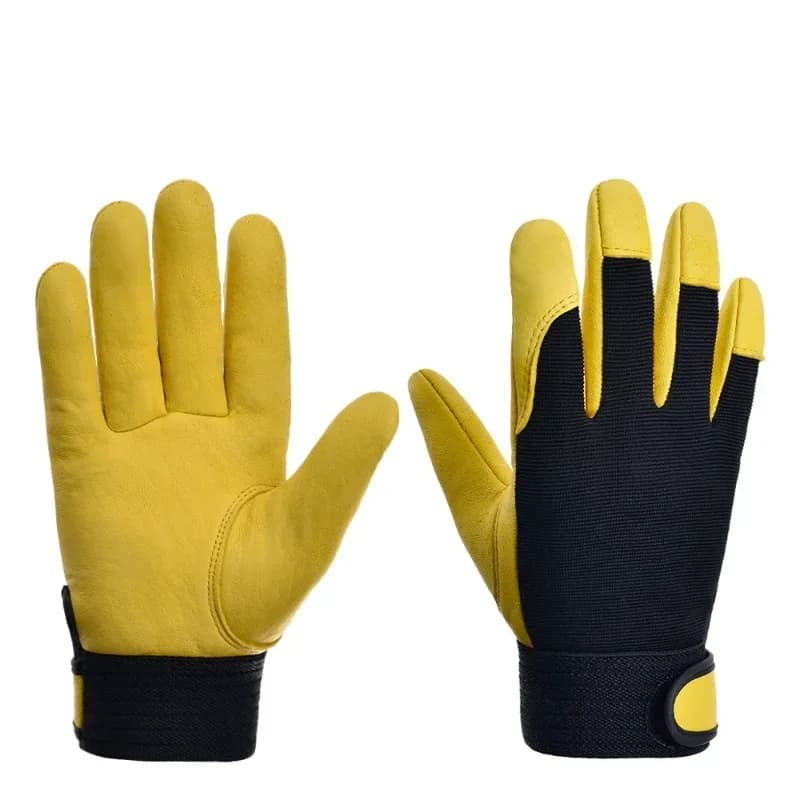 Cowhide leather work gloves for welding, safety protection, garden, sports, motorcycle driving, and wear-resistant tasks.