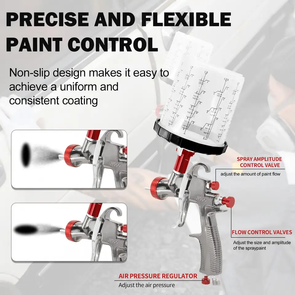 R500 LVLP Paint Sprayer | 1.3-2.0mm Nozzles & Regulator | Gravity Feed Gun - Thumbnail 3