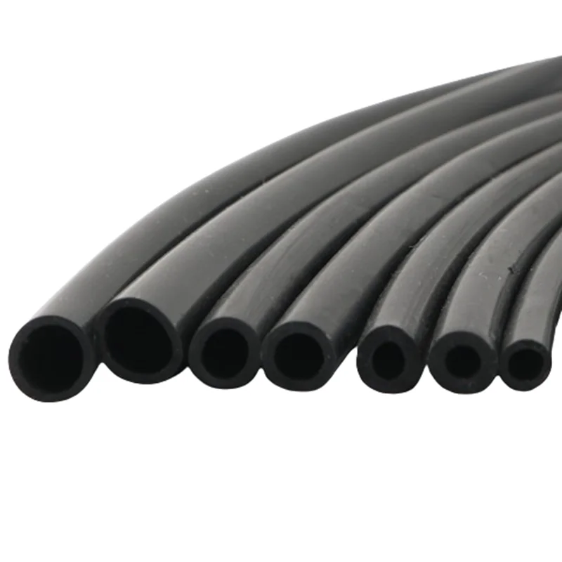 Black silicone rubber hose in various diameters from 1mm to 16mm, flexible and soft for fluid transfer in tools and hardware.