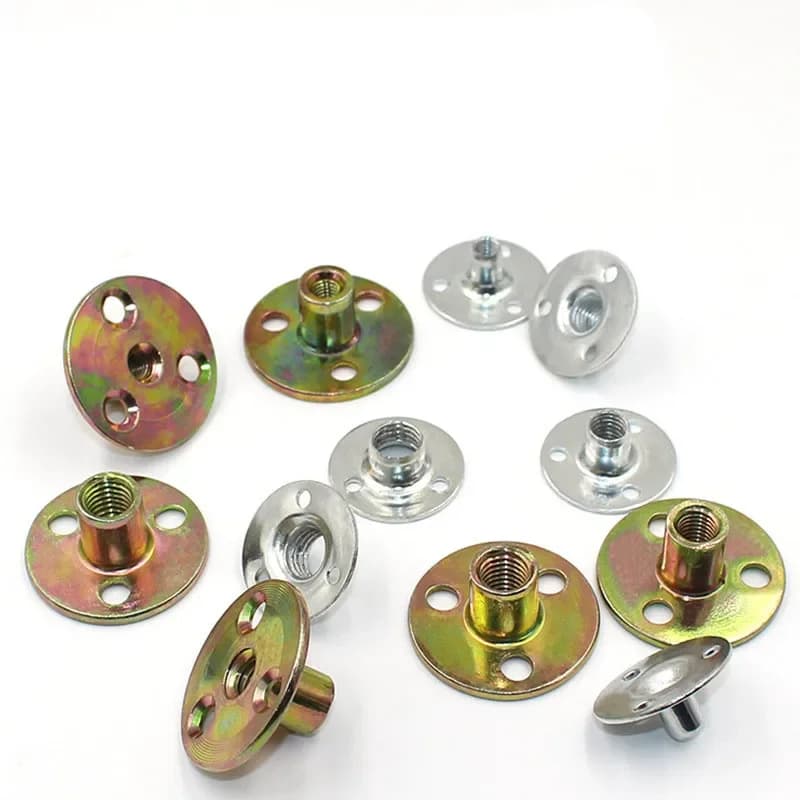 Carbon steel flange coupling with three-hole lock nut design, zinc-plated, featuring M6 through M12 threading for furniture connectors.
