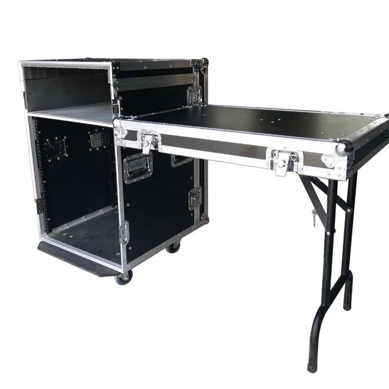 Professional 12U/16U heavy-duty rack mount cabinet for amplifiers and audio mixers, with reinforced steel frame and removable side panels.