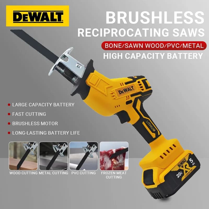 DeWalt 20V cordless reciprocating saw for cutting wood and metal, includes four blades and requires a DeWalt battery.