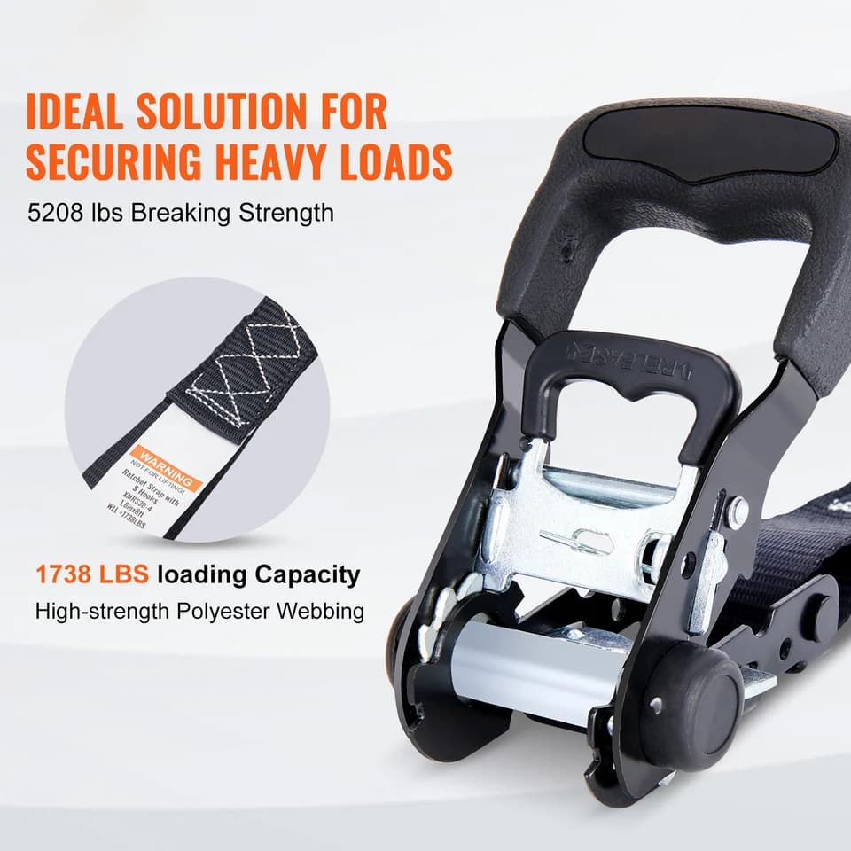 4x Ratchet Tie-Down Straps | Padded Handles & Hook | Cargo & Motorcycle Securing - Thumbnail 3