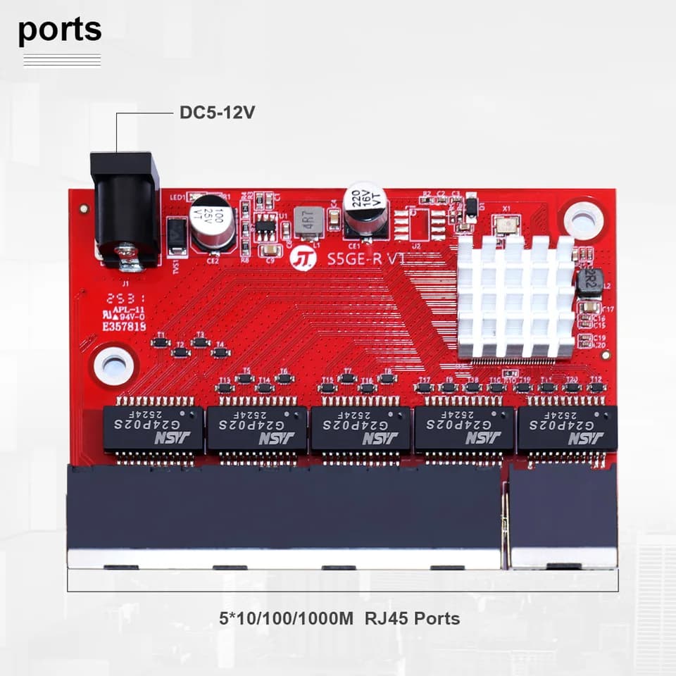 5-Port Gigabit Network Switch | 1000 Mbps PCBA Board | 5-12V Power Supply - Thumbnail 7