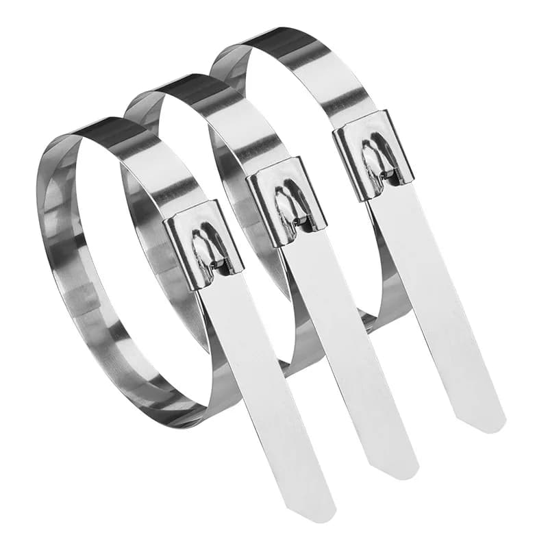 Wall Ties Alternative: Three stainless steel cable ties on a white background.