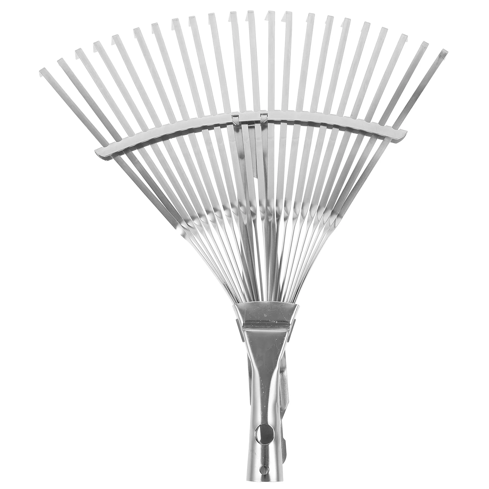 Stainless steel telescopic handle leaf rake with wire tines, adjustable length for gardening and collecting wooden leaves.