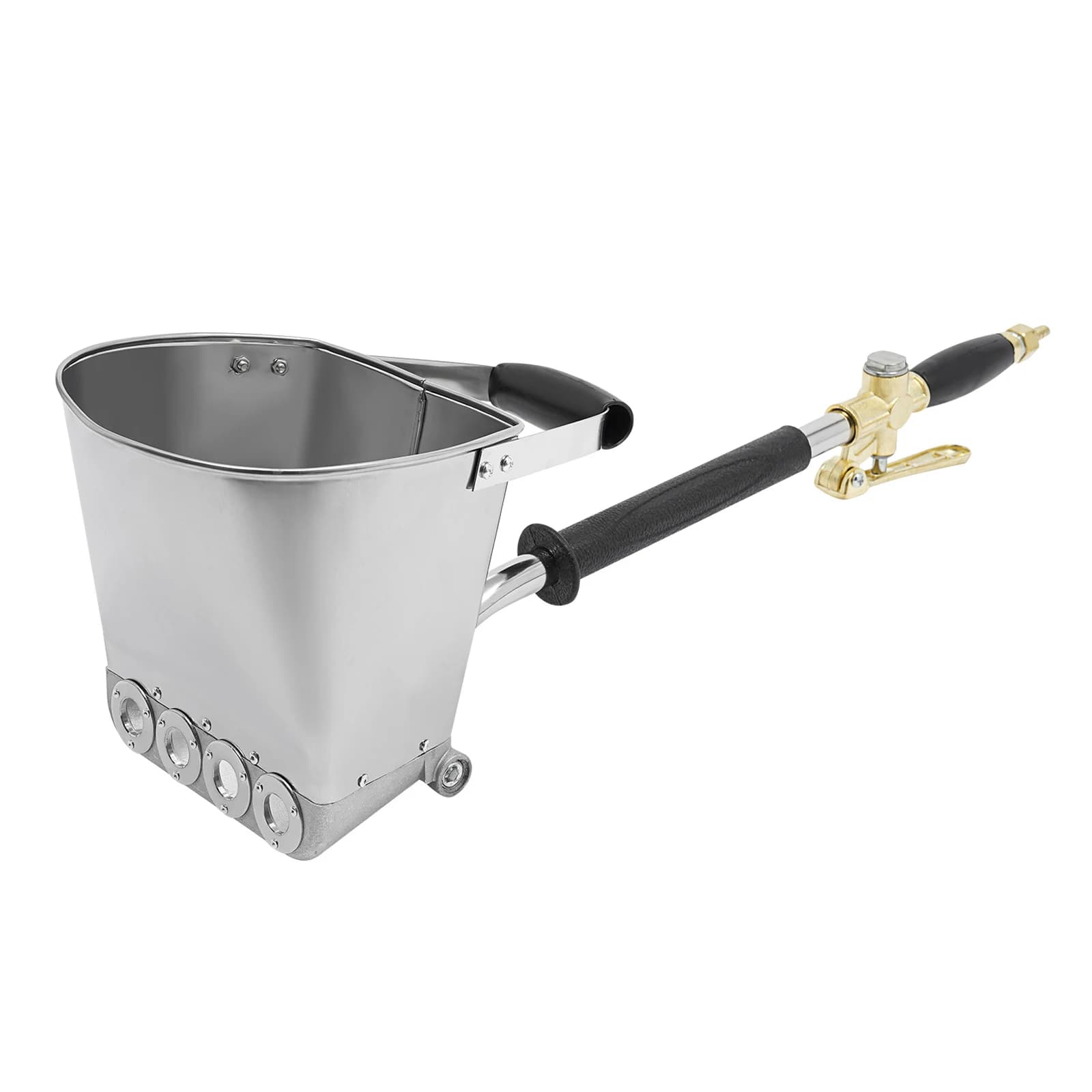 3.5L capacity pneumatic cement stucco sprayer gun with 4 jets for applying plaster and mortar to walls. Features a large hopper and automatic air painting.