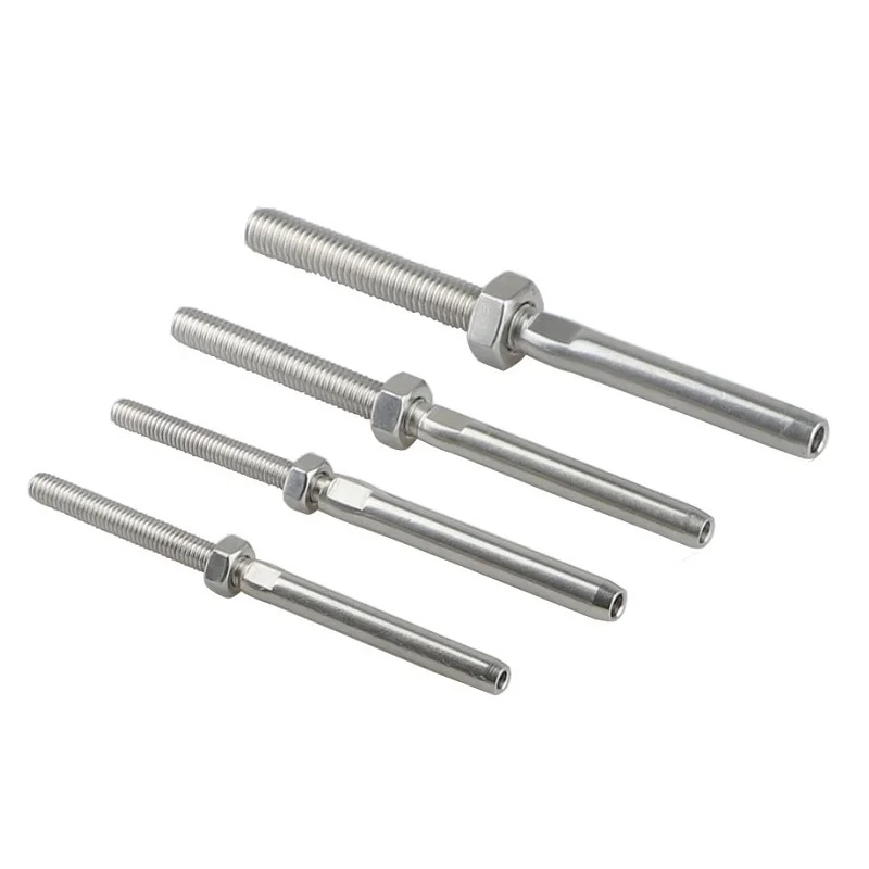 Set of four stainless steel threaded swage stud terminals for connecting wire rope with long-term durability.