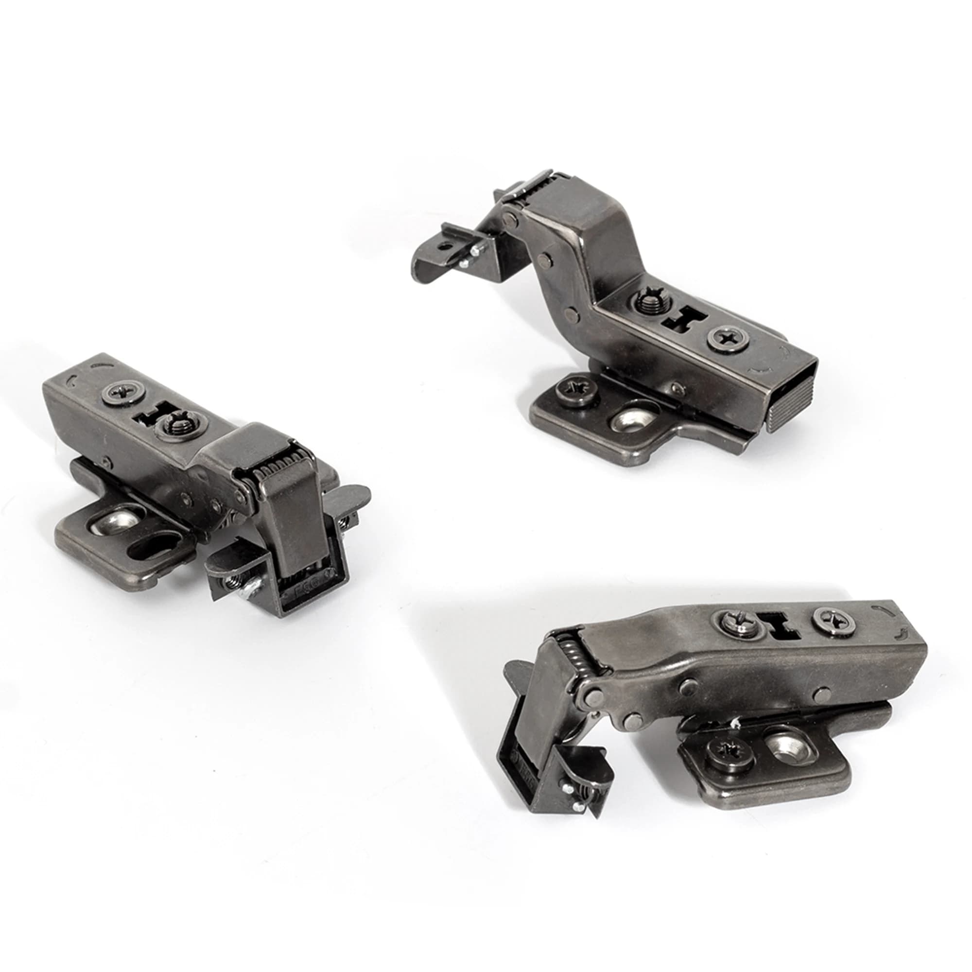 Pair of invisible aluminum frame glass door hinges with hydraulic damper for soft-close functionality on kitchen cabinets and cupboards.