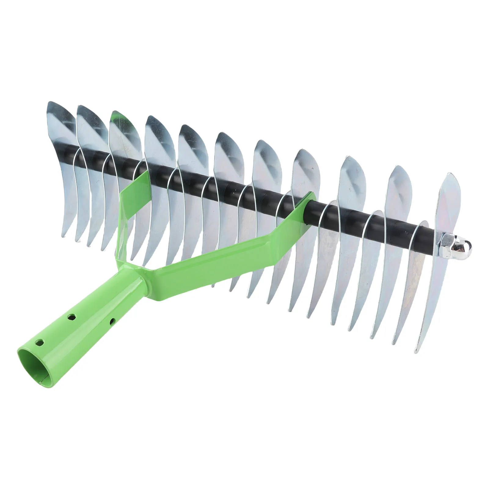 Stainless steel thatch rake with curved tip teeth, designed for removing leaves and debris from lawns and garden beds.