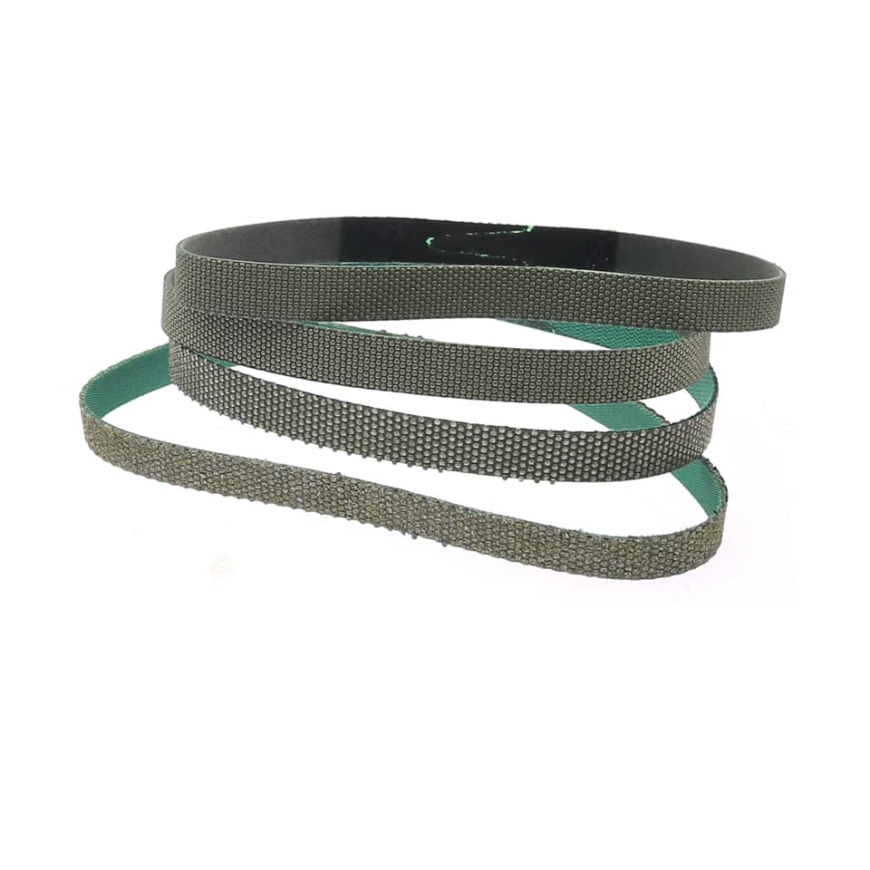 Sanding belts, multiple diamond abrasive belts on a white background.