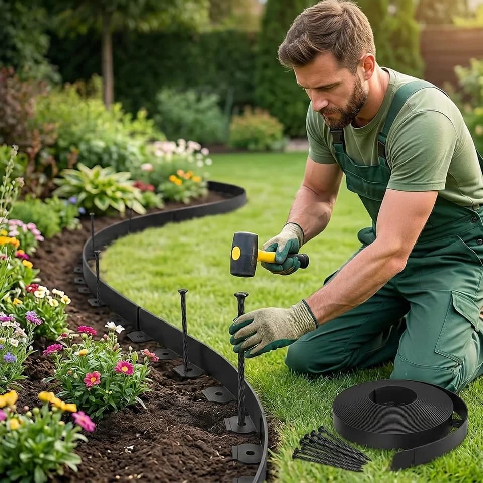 No-Dig Landscape Edging Fence Post Spike Kit | 1.5in Tall Plastic Border | 10m-30m Black - Thumbnail 2