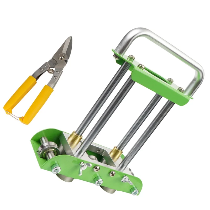 Lightweight press brake edge roller tool for creating rain diverter folds on standing seam metal roofs, shown on a workbench.