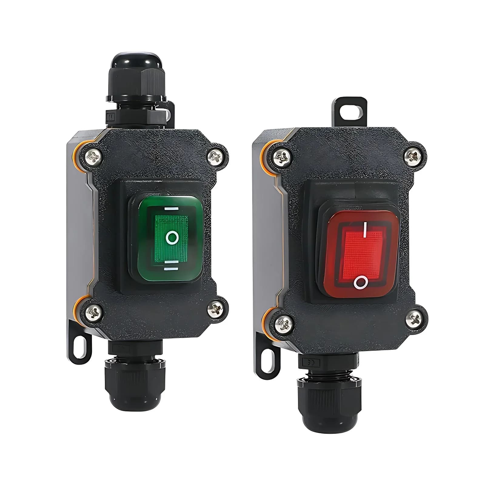 Waterproof IP67 junction box with integrated marine rocker switch and inline power cord, rated for 20A high current and 12V-24V or 110V-220V.