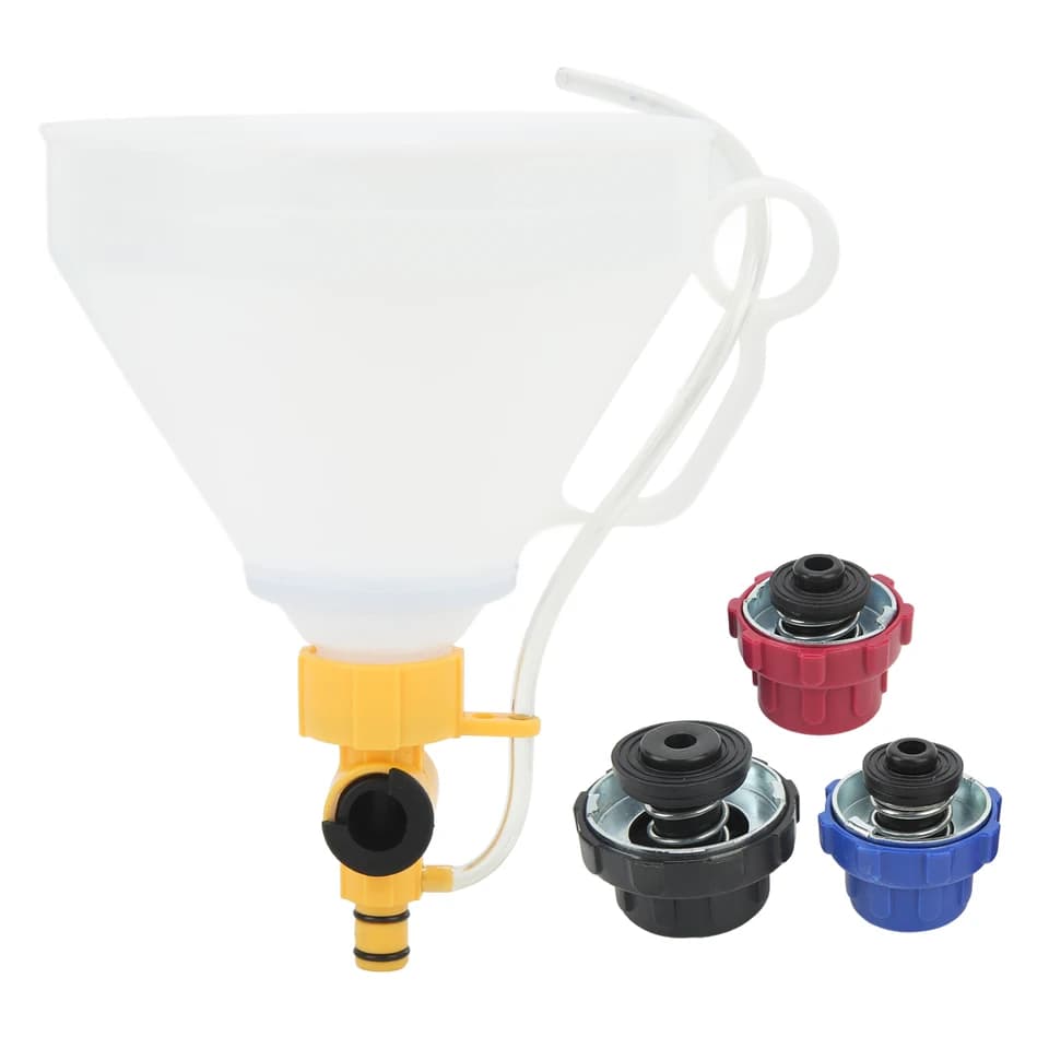 Spill Kit: Car Radiator Coolant Refill Funnel with three coloured radiator cap variants.