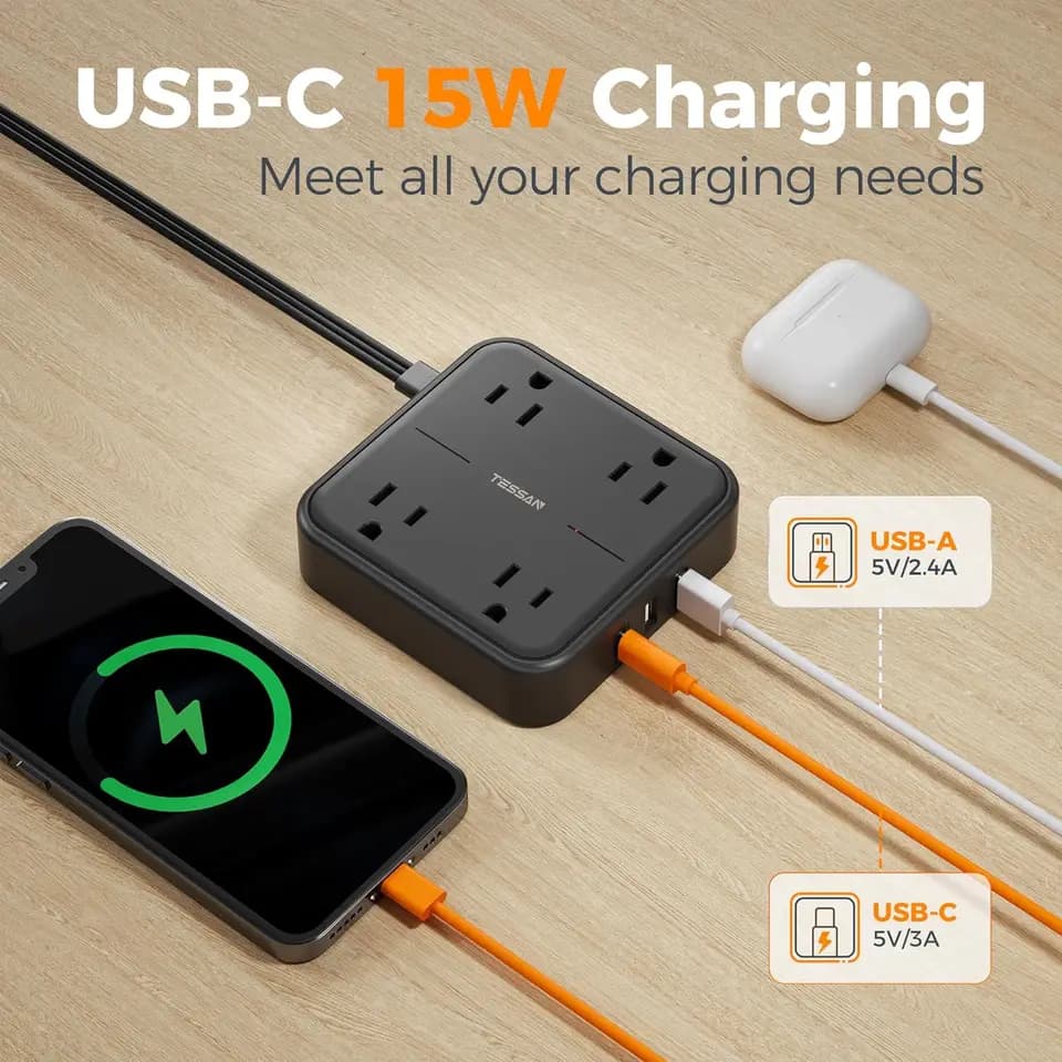 TESSAN Flat Extension Lead | 5ft Cord with USB-C | AC Outlets & Network Filter - Thumbnail 7