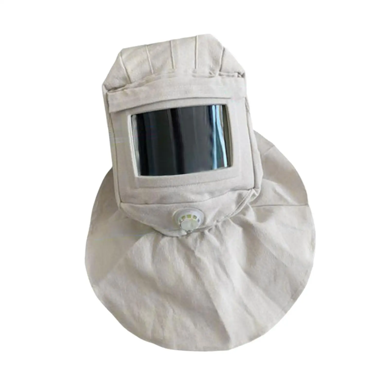 Professional sandblasting hood made of breathable canvas with neck protector shawl for dustproof protection during abrasive blasting work.