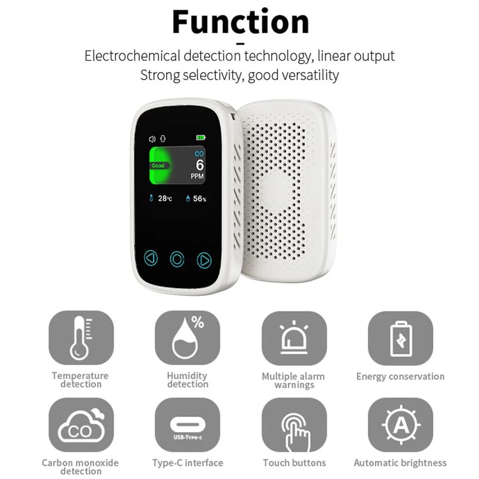 Portable Carbon Monoxide Detector | Rechargeable Air Quality Monitor | Temp/Humidity Meter - Thumbnail 2