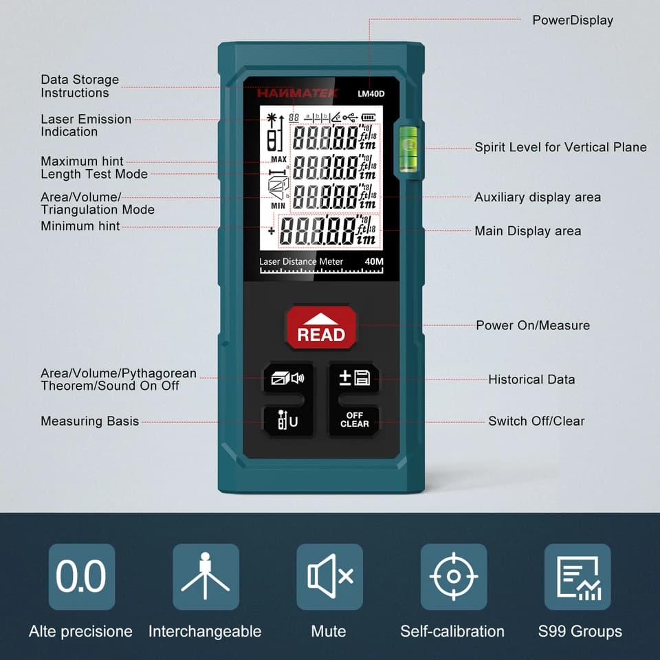 HANMATEK LM40D Laser Measure | Volume/Area/Angle | Self-Calibrating Distance Meter - Thumbnail 2