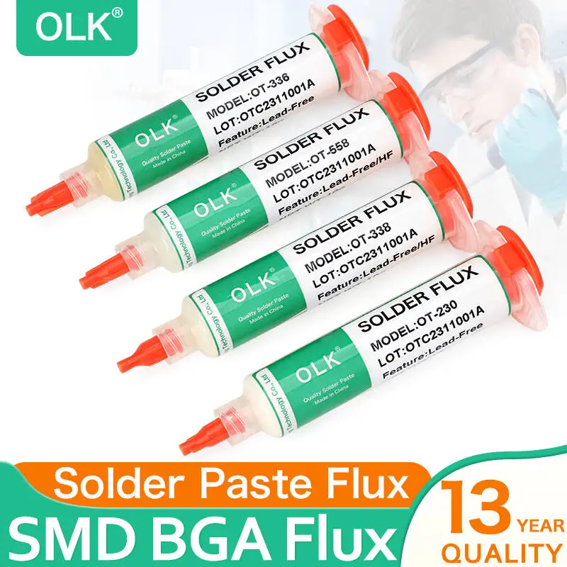 Olk SMD Flux, a 10cc syringe of no-clean solder paste for advanced PCB repair and electronics welding.