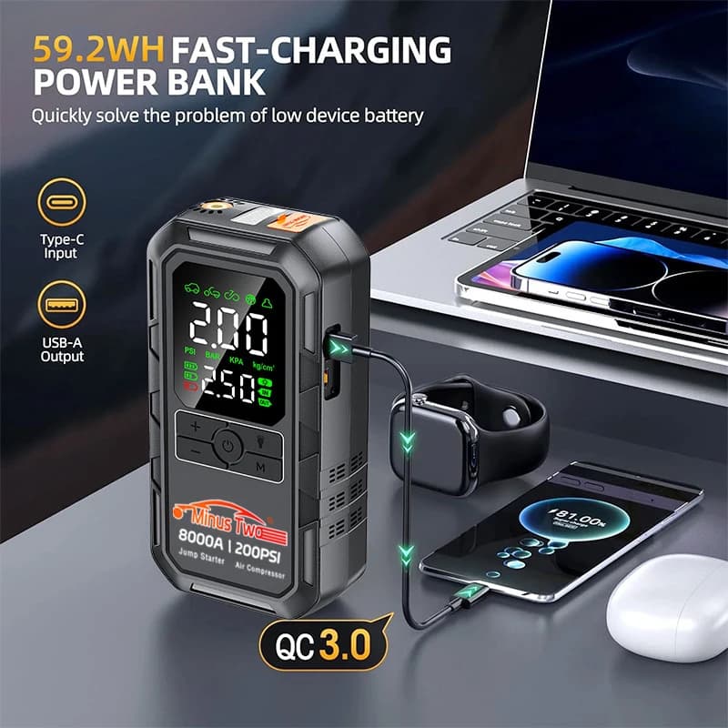 Jump Starter with 150PSI Air Compressor | Digital Tyre Inflator | Car Battery Charger - Thumbnail 3