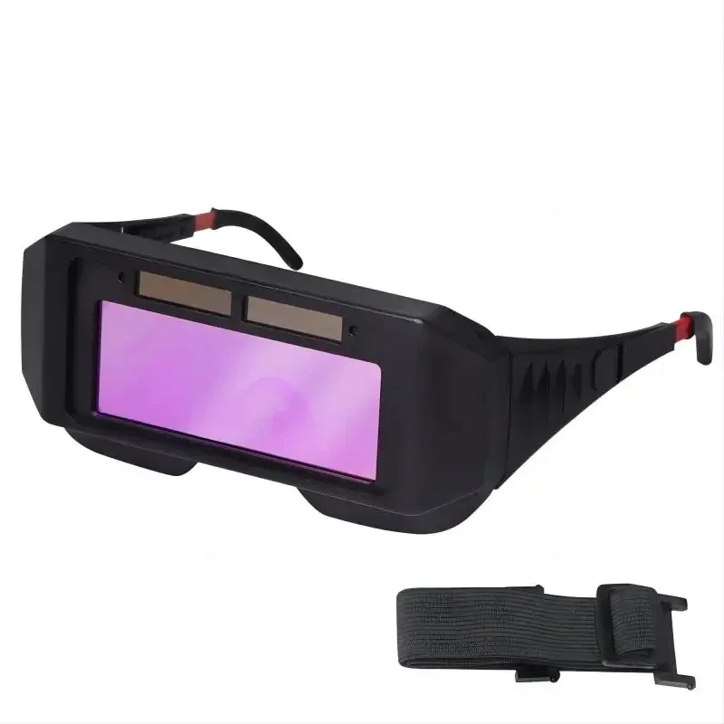 Solar-powered auto-darkening welding helmet with LCD lens for TIG, MIG, MMA, and plasma welding, featuring adjustable sensitivity and delay controls.