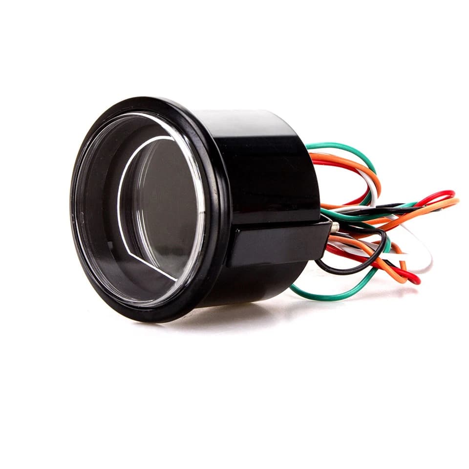 A 52mm tachometer RPM gauge with an LCD display, also showing water temp, oil temp, oil press, and exhaust temp with red/blue backlight.