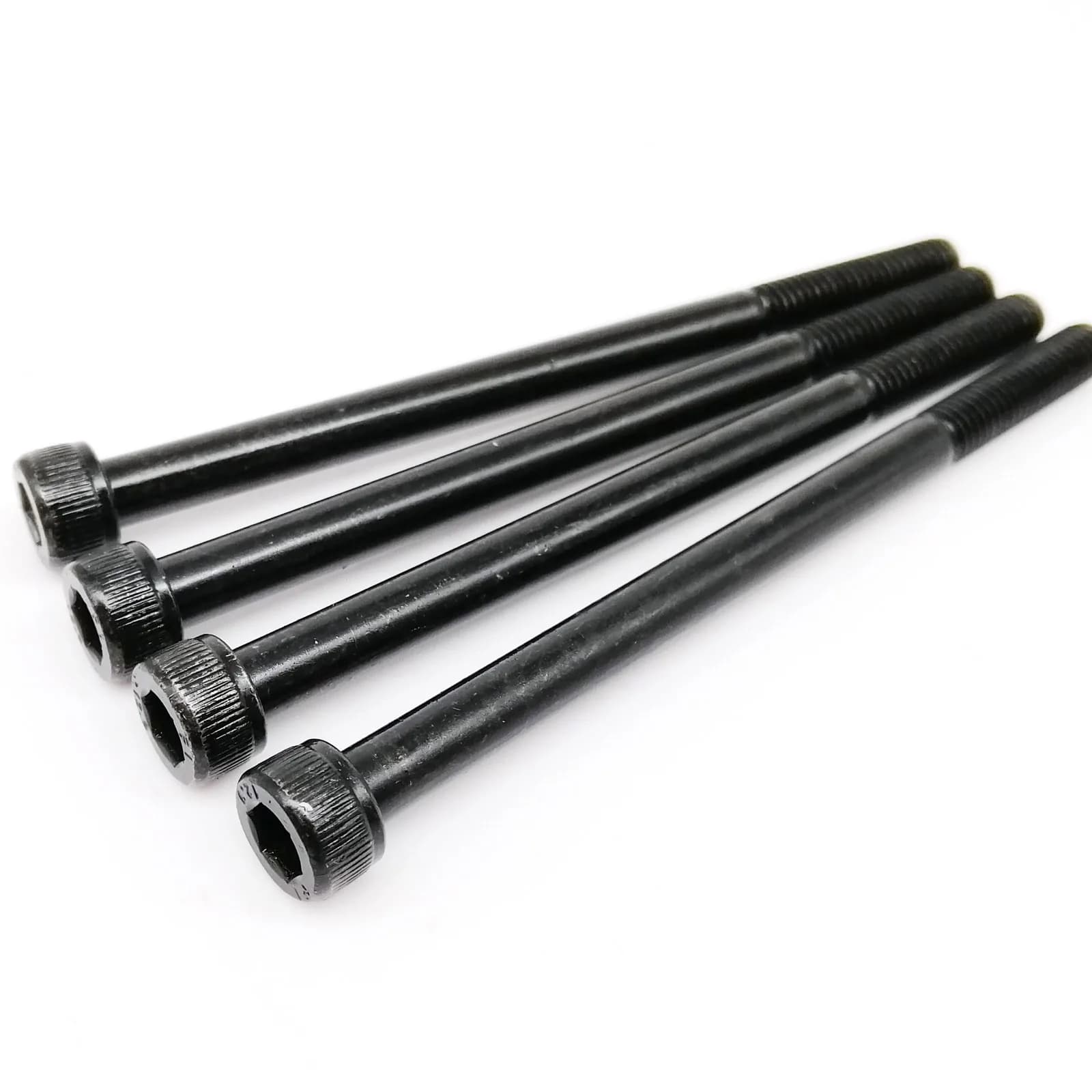 Extra long 200mm black grade 12.9 steel Allen hex socket head cap bolts in metric sizes M2 through M8 for heavy-duty applications.